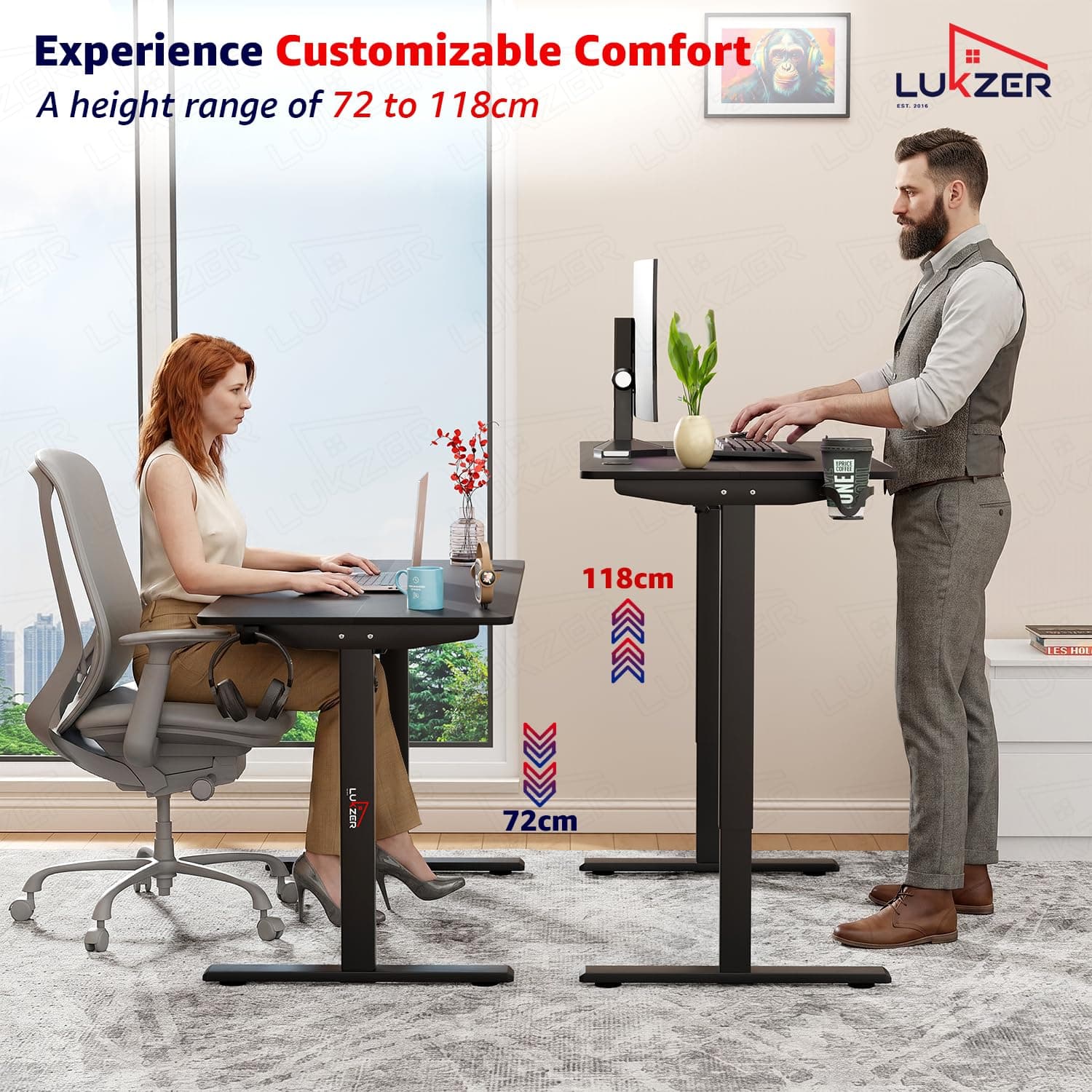 Lukzer electric height adjustable sit-stand desk shown in sitting and standing positions, 72 to 118 cm range