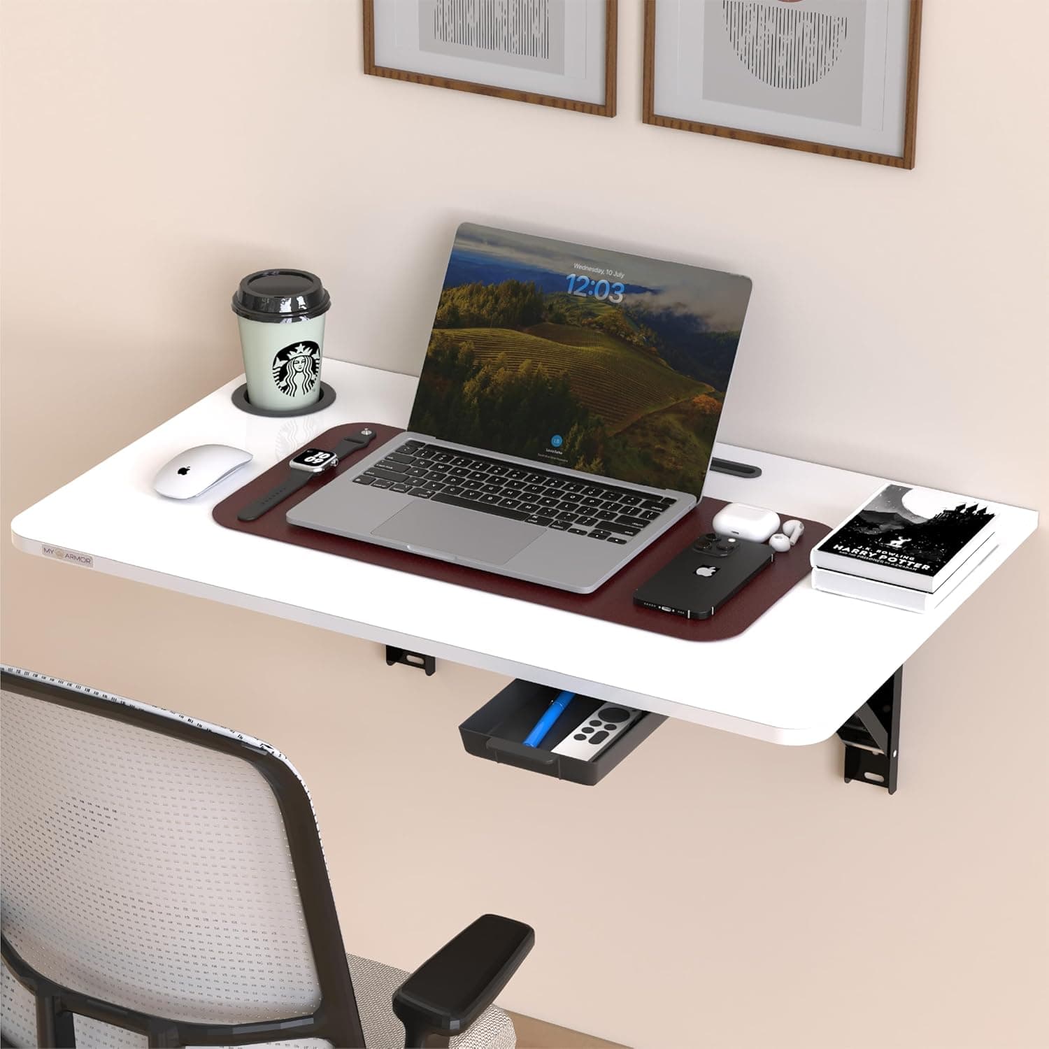 MY ARMOR wall-mounted foldable desk with laptop, drawer, and cup holder