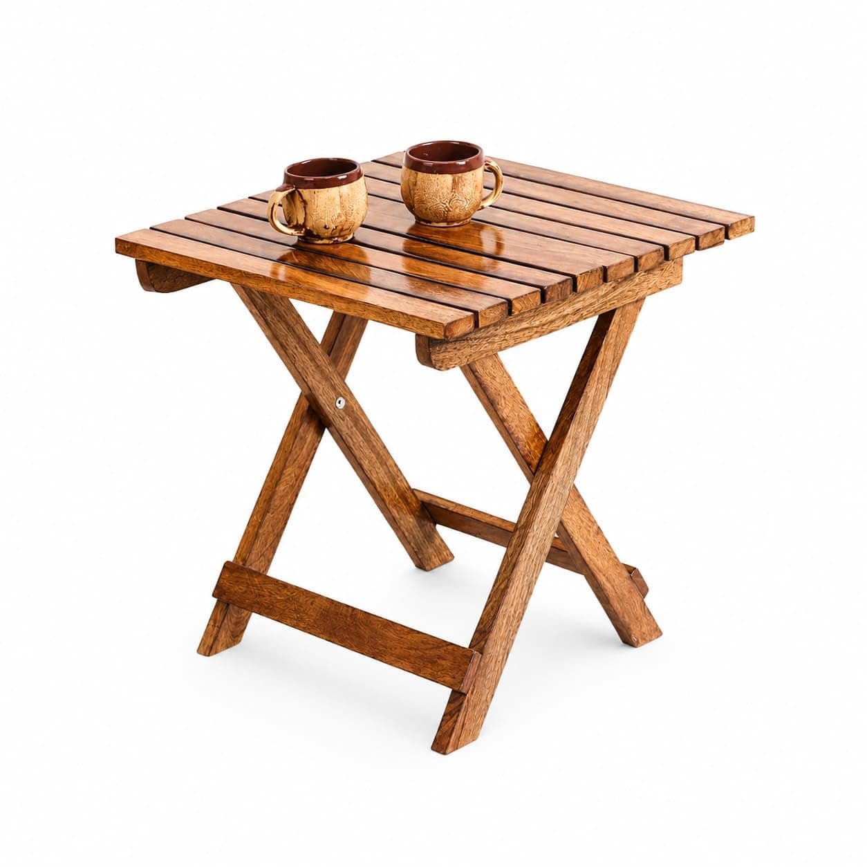 Compact foldable wooden patio coffee table with two cups on top
