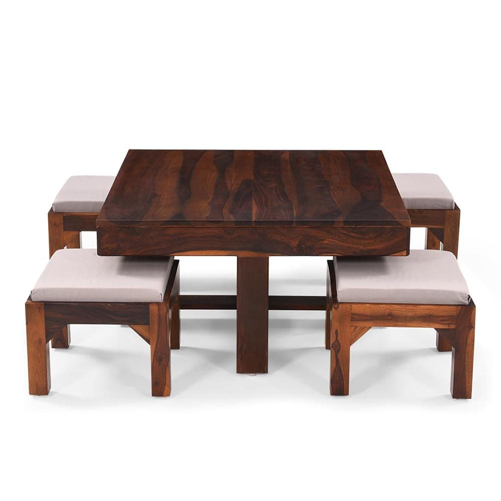 Royaloak New York American Sheesham wood coffee table set with four cushioned stools