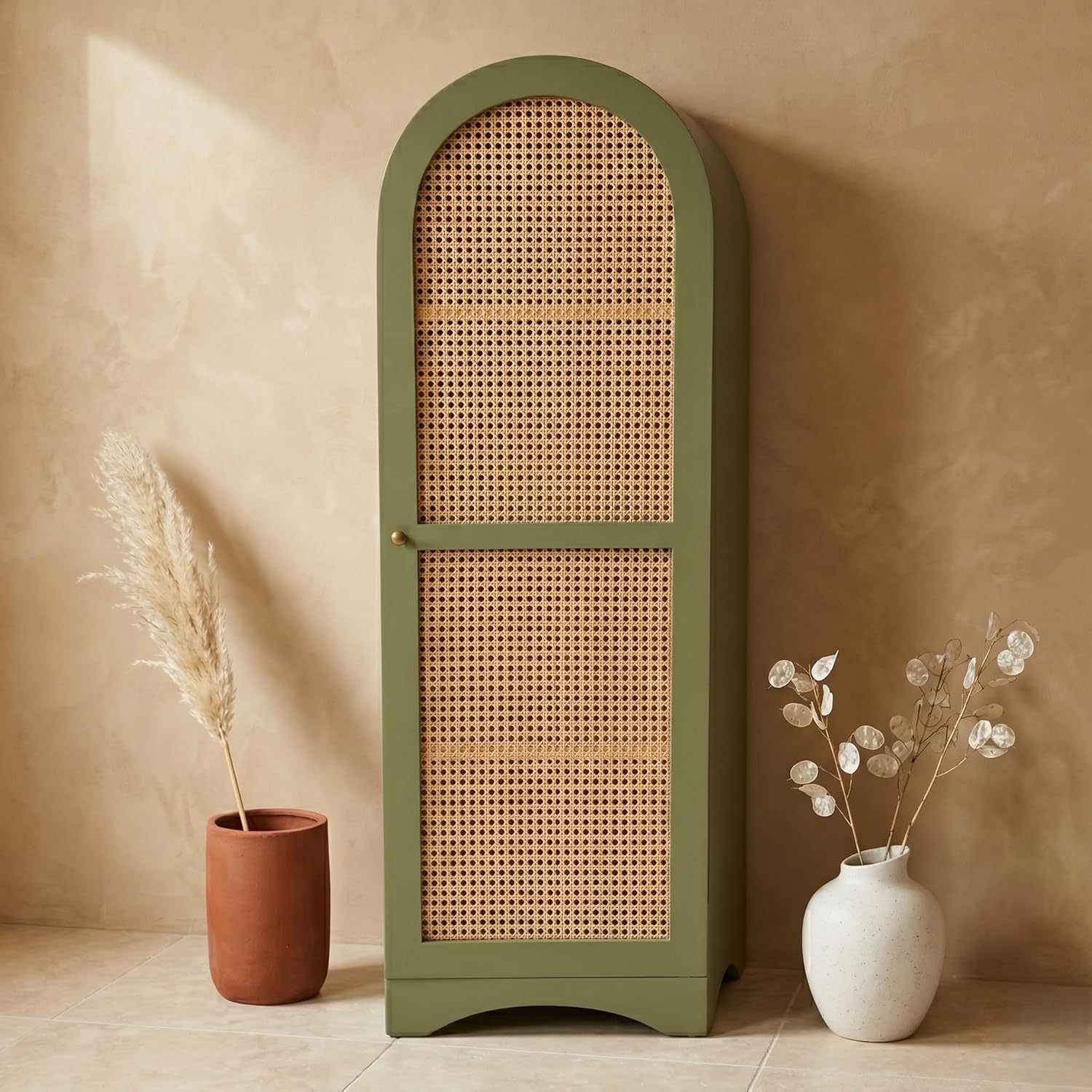 Premium tall solid wood accent cabinet for living room in olive green with arched cane rattan door panel and natural boho interior styling