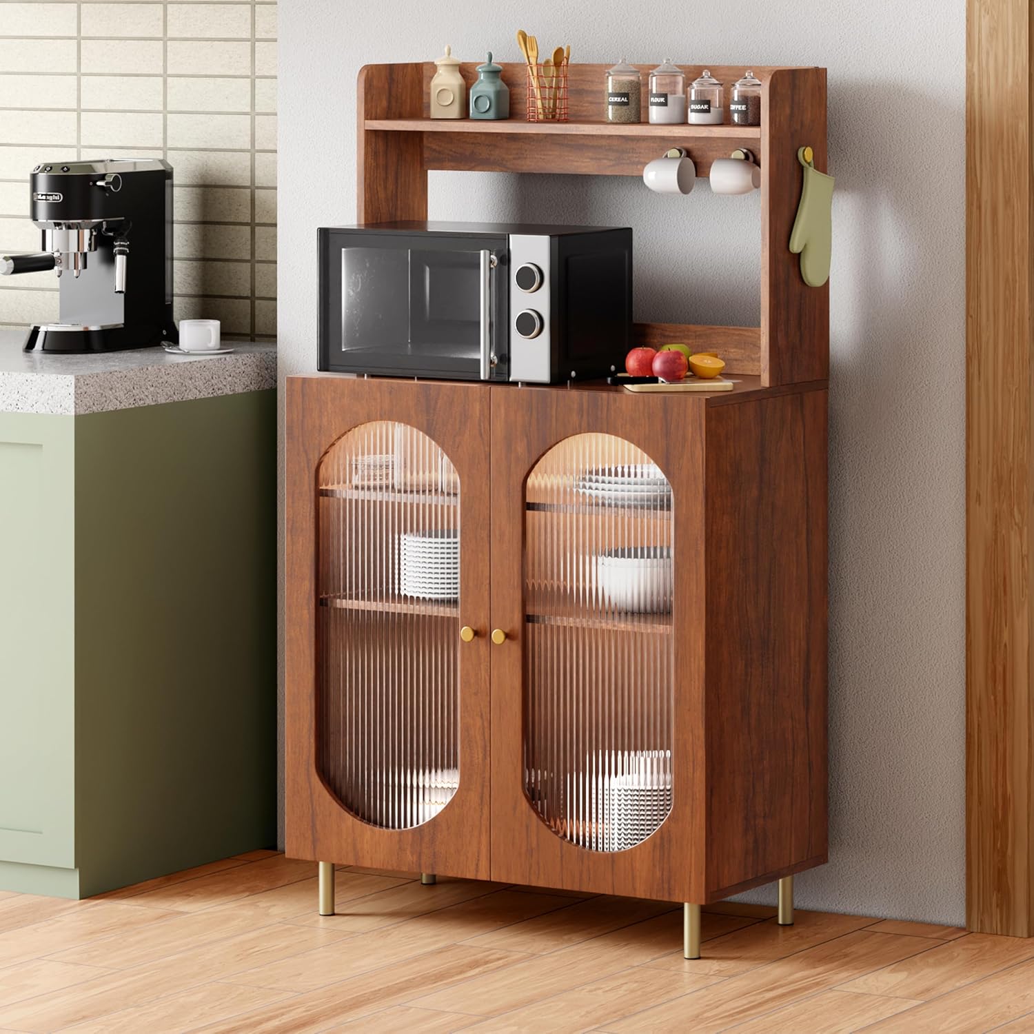 Walnut engineered wood multipurpose sliding door storage cabinet for living room with oval glass panels and open top shelf holding kitchen accessories