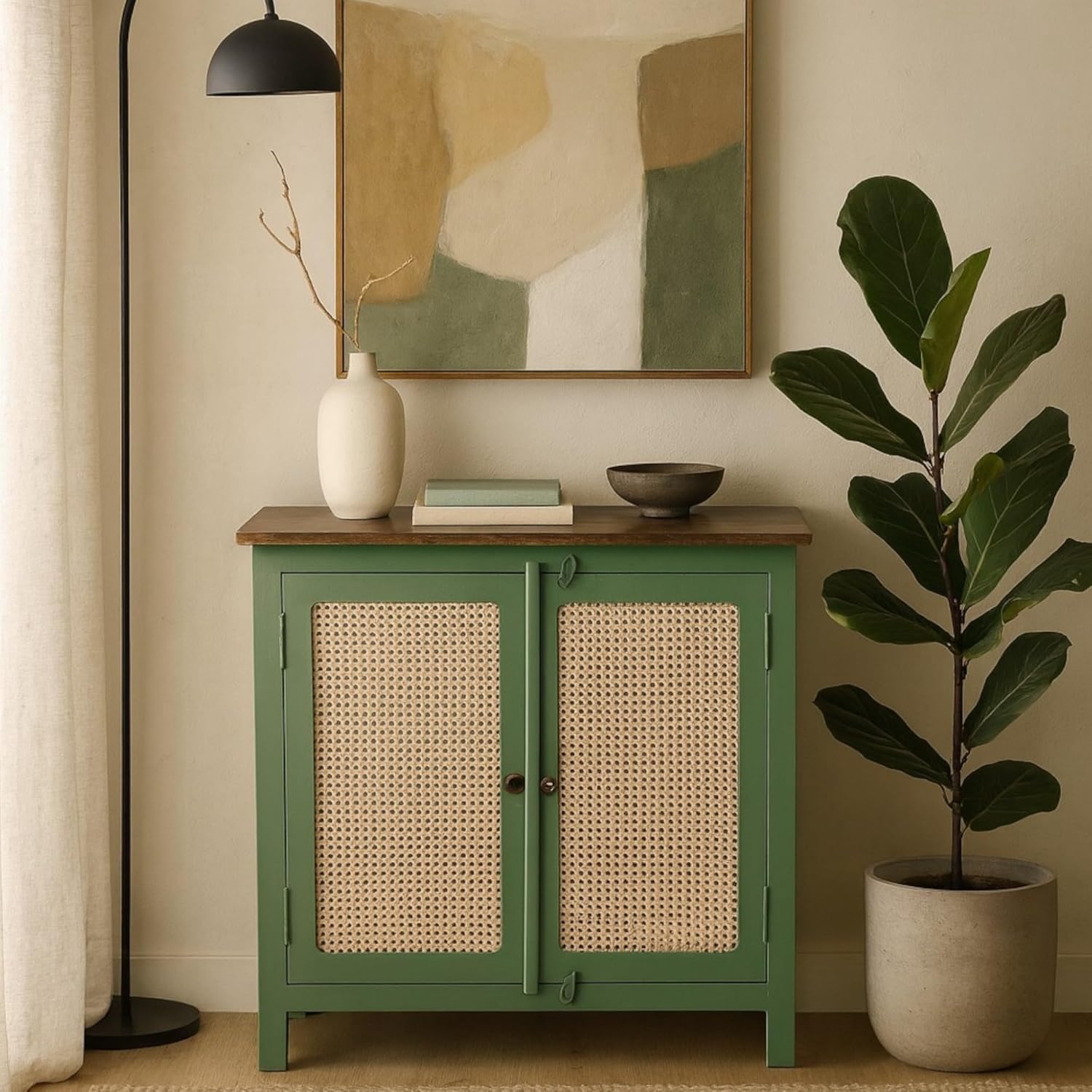 Mid-size olive green solid mango wood sideboard cabinet for living room with cane rattan door panels, walnut top, and decorative accessories