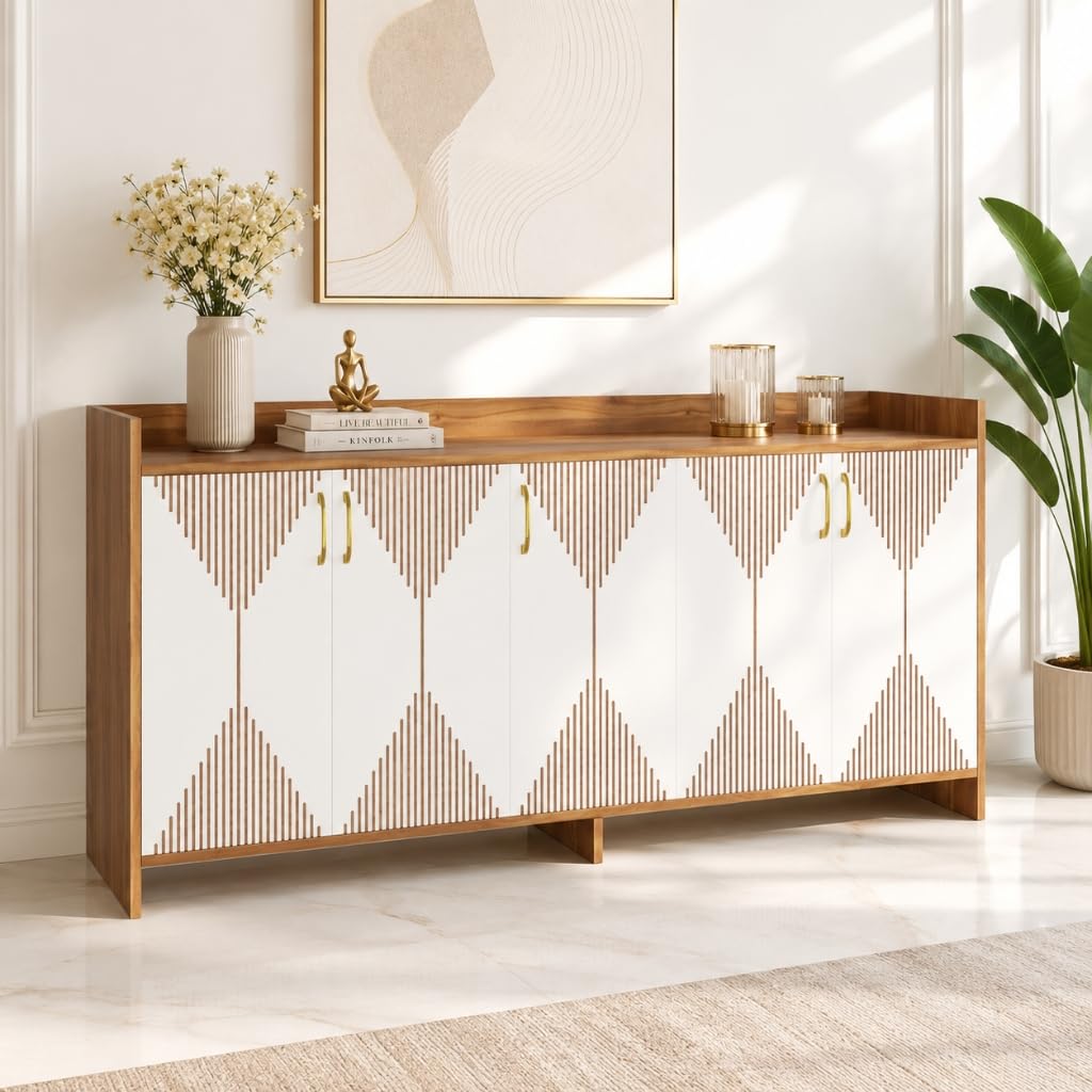 Spider Craft modern walnut wood 5-door living room storage cabinet with geometric triangular door pattern and gold handles