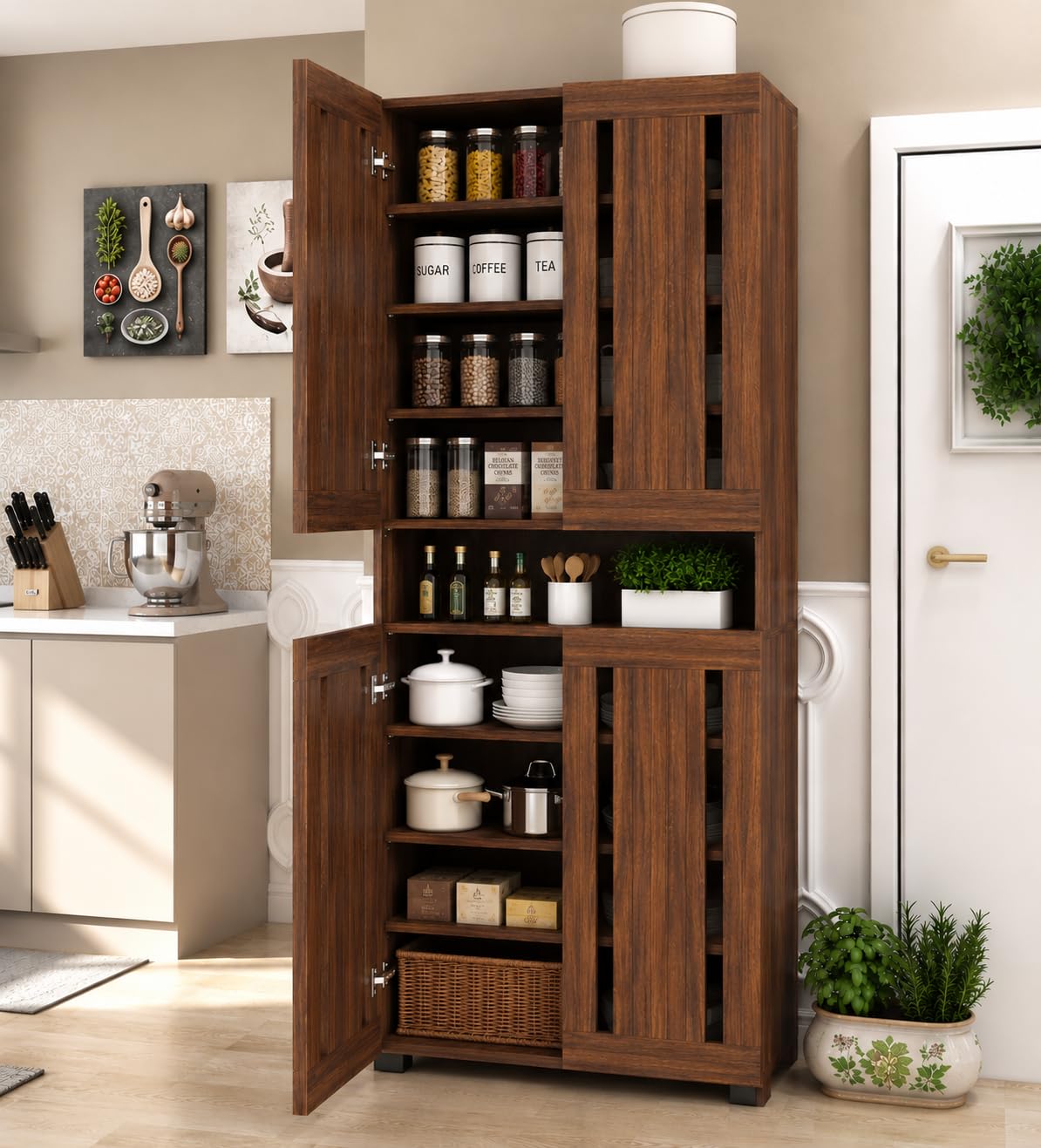 Six-foot tall 4-door engineered wood living room storage cabinet with 9 open shelves stocked with pantry kitchen and household items