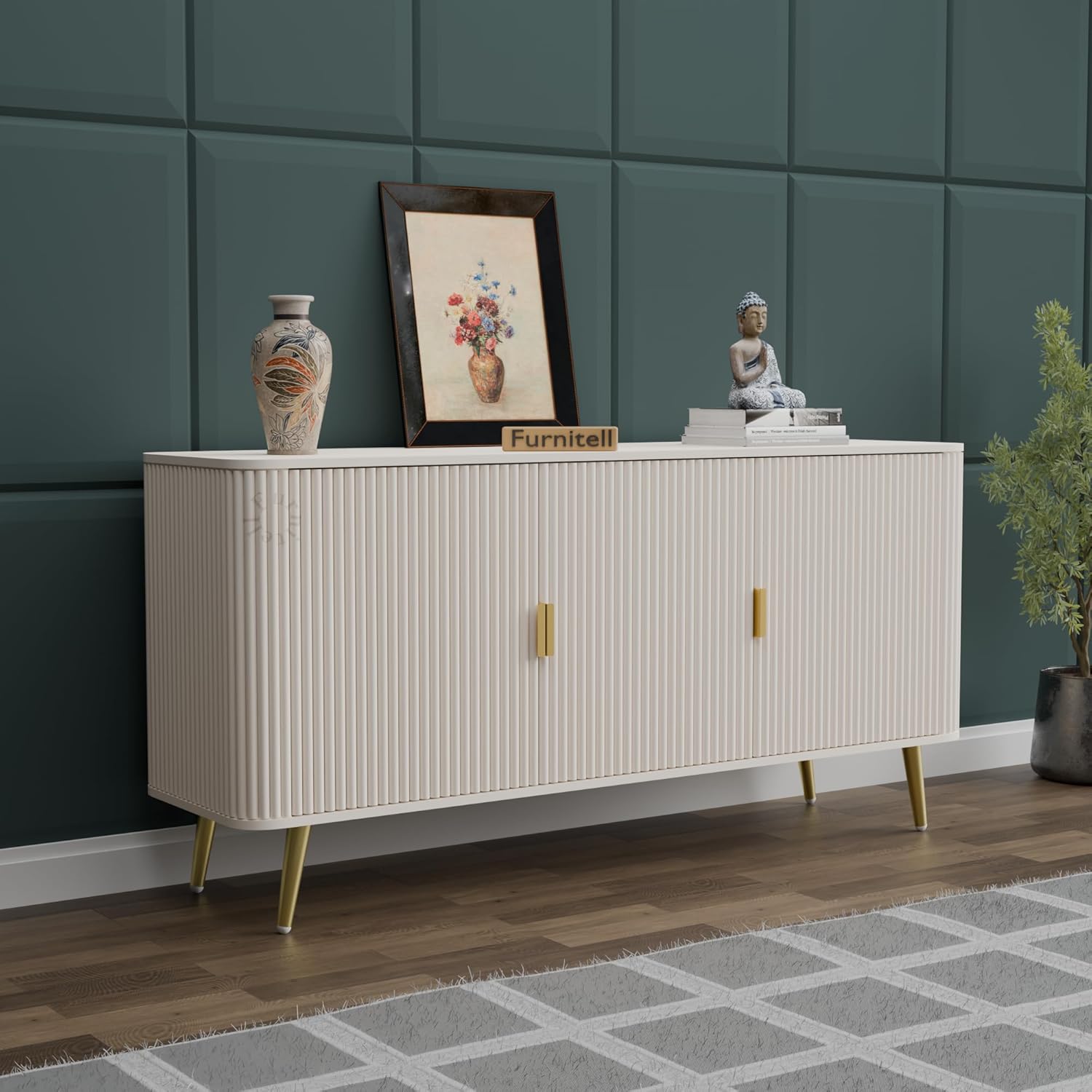 Wide cream white wooden sideboard storage cabinet for living room with ribbed 3-door design, gold metal legs, and open shelf styled with home accessories