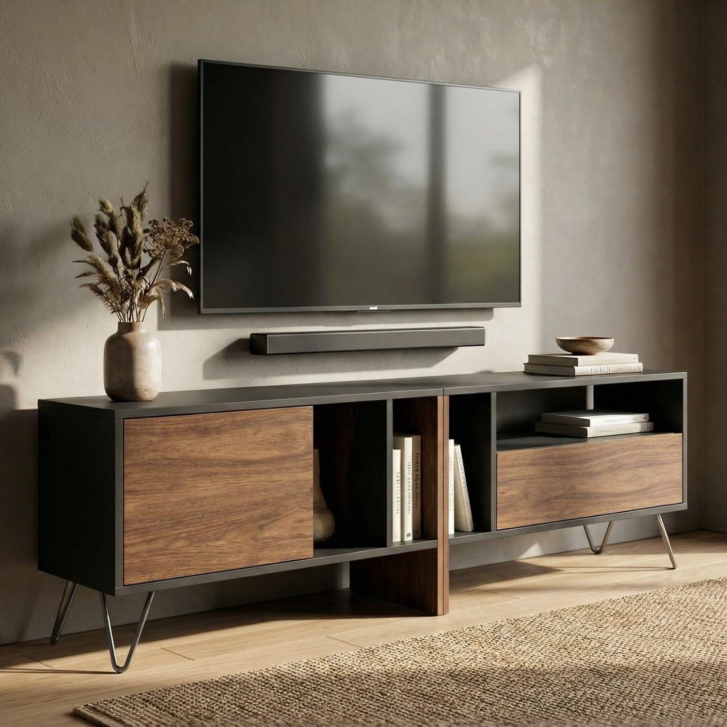 Walnut and grey two-tone TV cabinet with open shelves and hidden sliding cabinet doors, hairpin metal legs, engineered wood, styled in a minimal living room