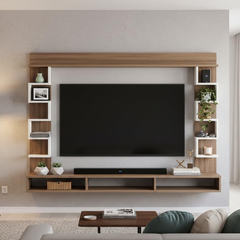 Wall-mounted walnut TV cabinet with open shelves, bottom soundbar shelf, and side storage, styled in a modern living room