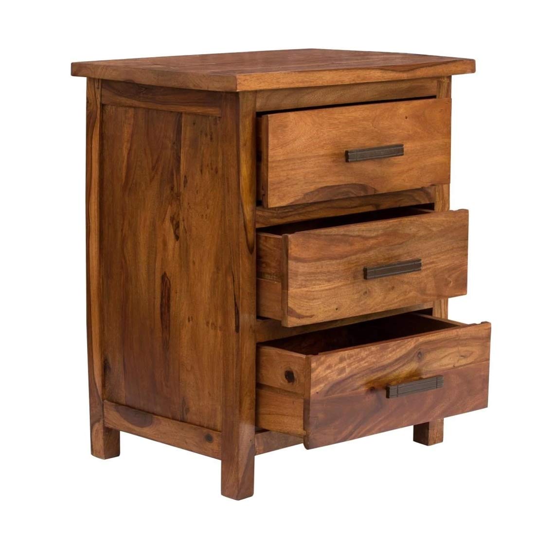 DRIFTINGWOOD solid Sheesham wood bedside table with three large open drawers showing natural rosewood grain, premium Indian hardwood nightstand