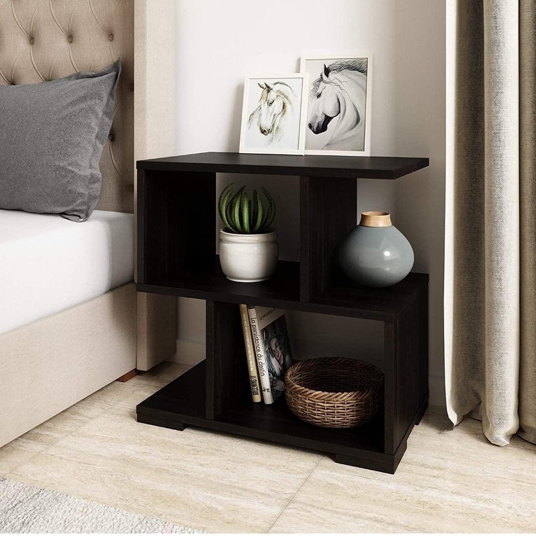 NOYOTA compact modern wooden bedside table with S-shaped open shelves in dark espresso finish, space-saving nightstand for small bedrooms