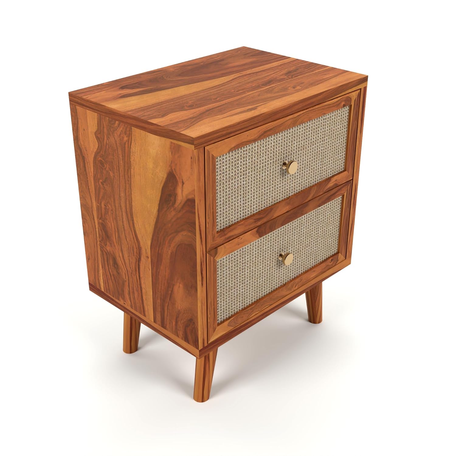 Sheesham solid wood bedside table with two cane panel drawers and brass knobs in honey walnut finish, durable Indian rosewood nightstand