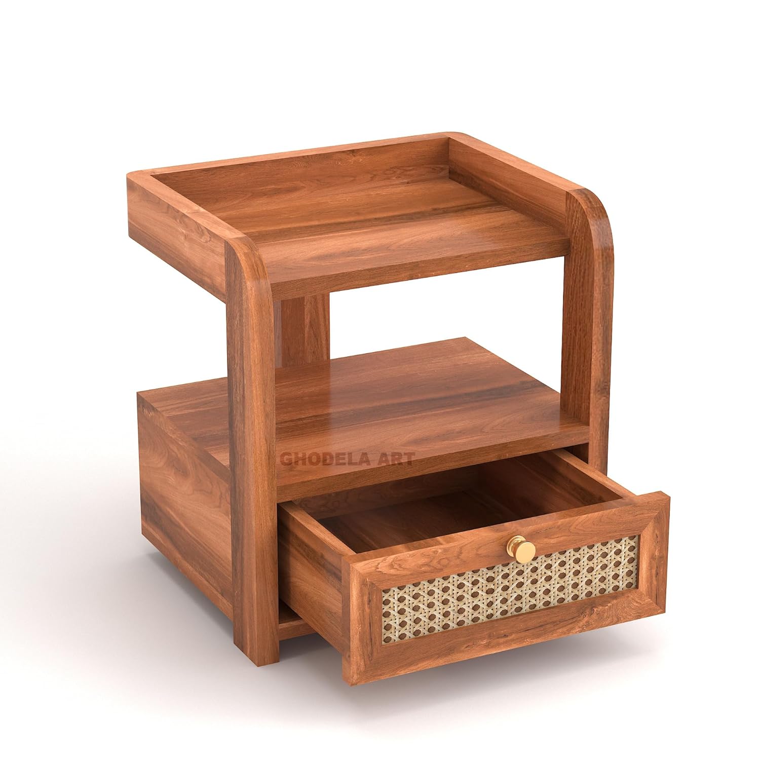 Solid wood nightstand with cane panel drawer and open shelf in teak finish, premium wooden bedside table for modern bedrooms